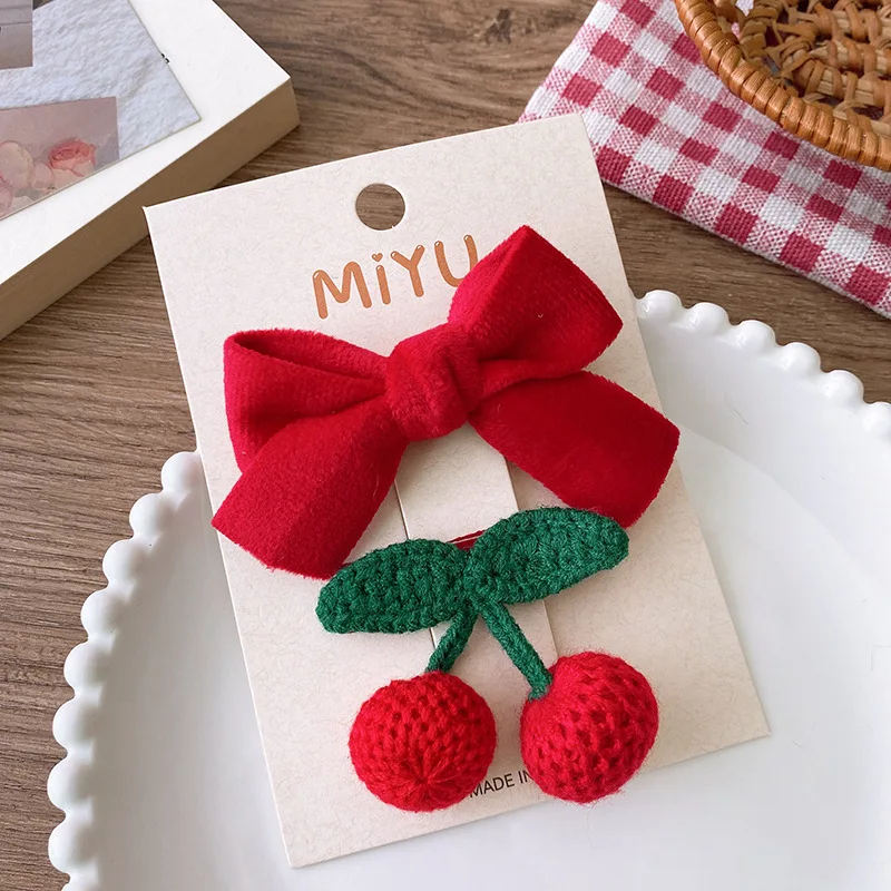 2PCS Christmas Hair Pins for Girls New Year Red Bow Bangs Clips Baby Hair Accessories Knitted Hairpin Sweet Korean Kid Hair Clip