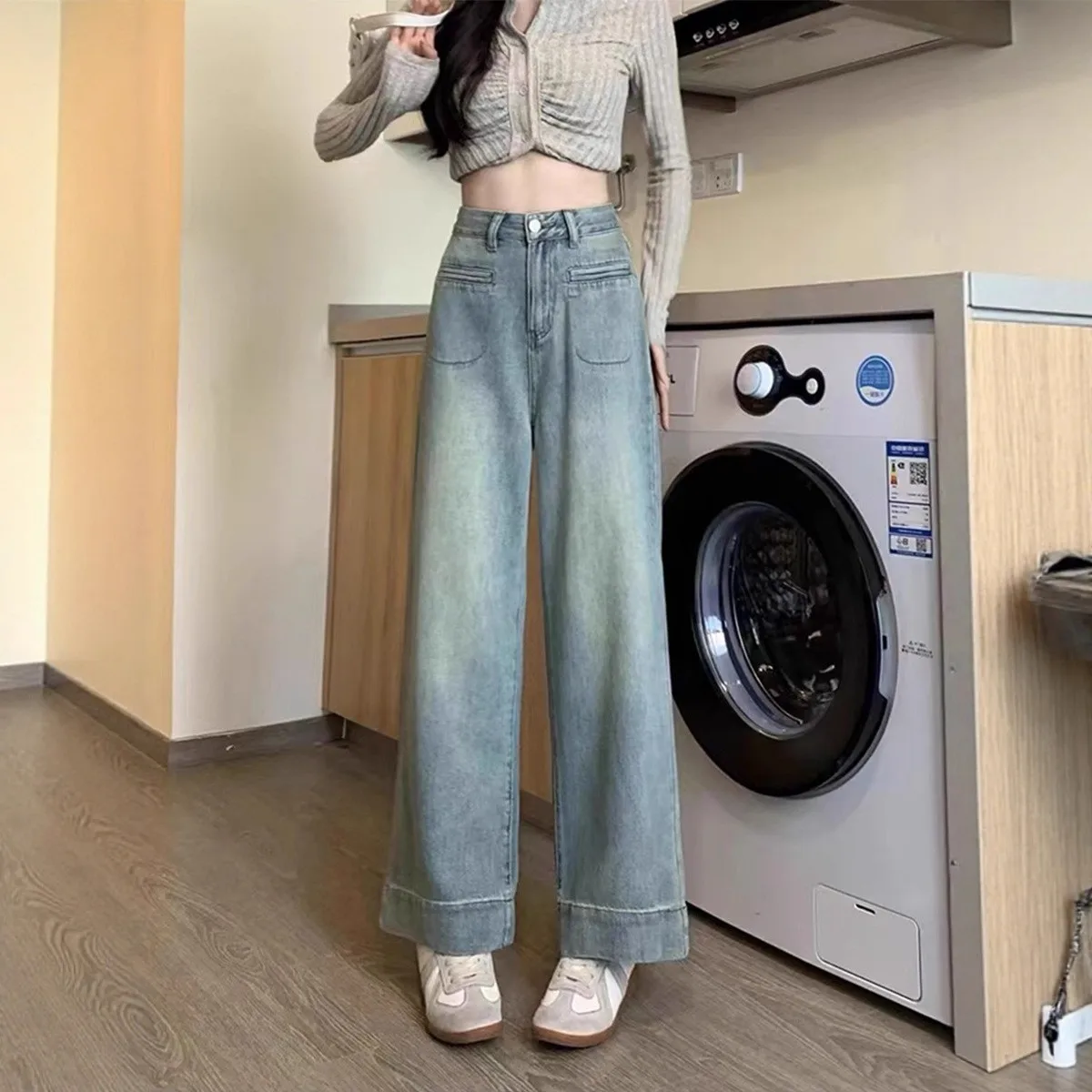 

Женские джинсы из светлого денима в стиле ретро, весенне-осенние, универсальные, с высокой талией, стройнящие, свободные, прямые, широкие, длинные брюки