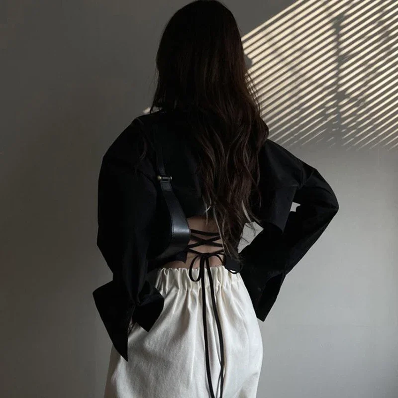 Korean Bandage Shirt Women Fashion Backless Sexy Blouse Office Ladies Casual Slim Chic Turn Down Collar Long Sleeve Tops