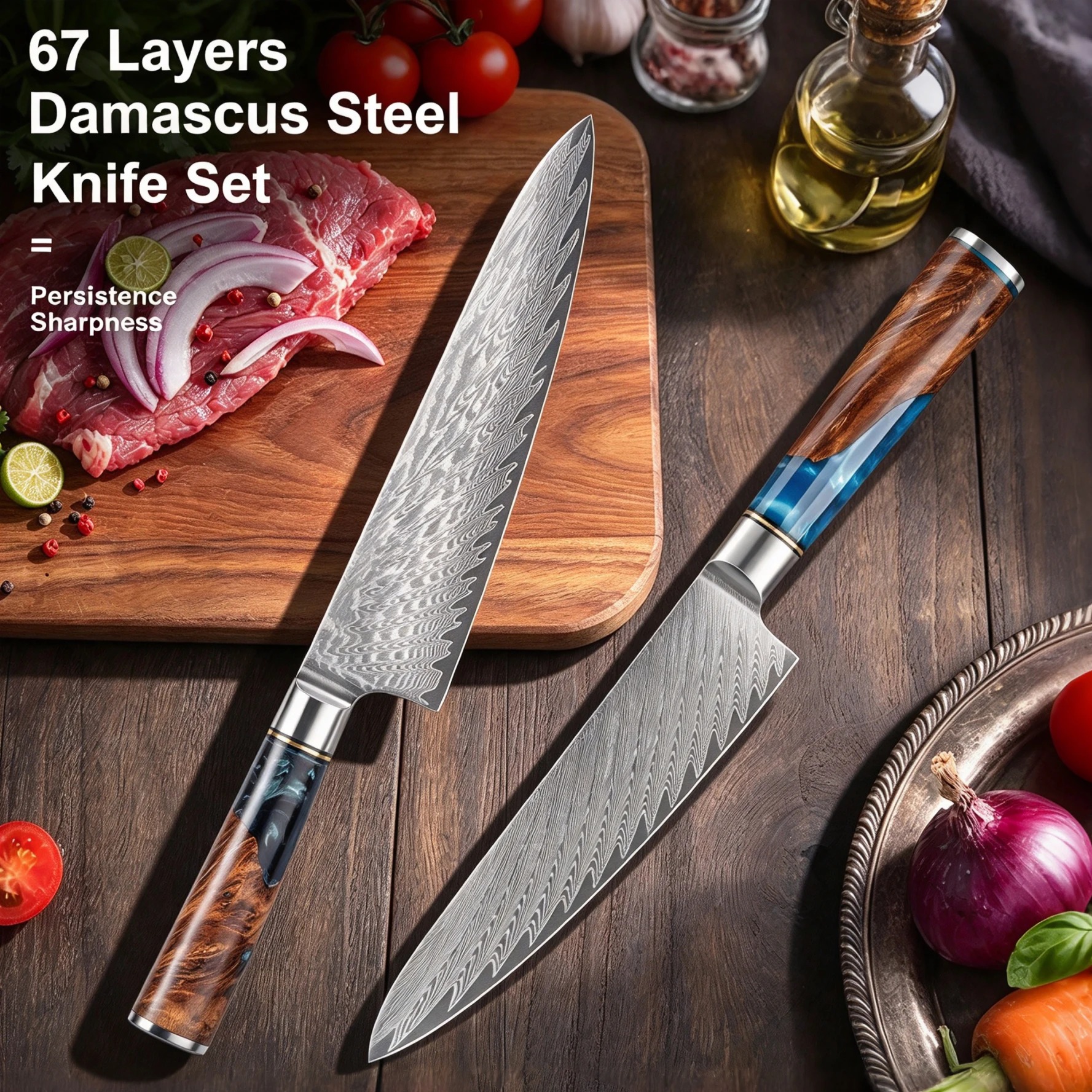 2 piece Damascus steel kitchen knife set super sharp chef knife high-quality colorful resin wood handle cooking knife