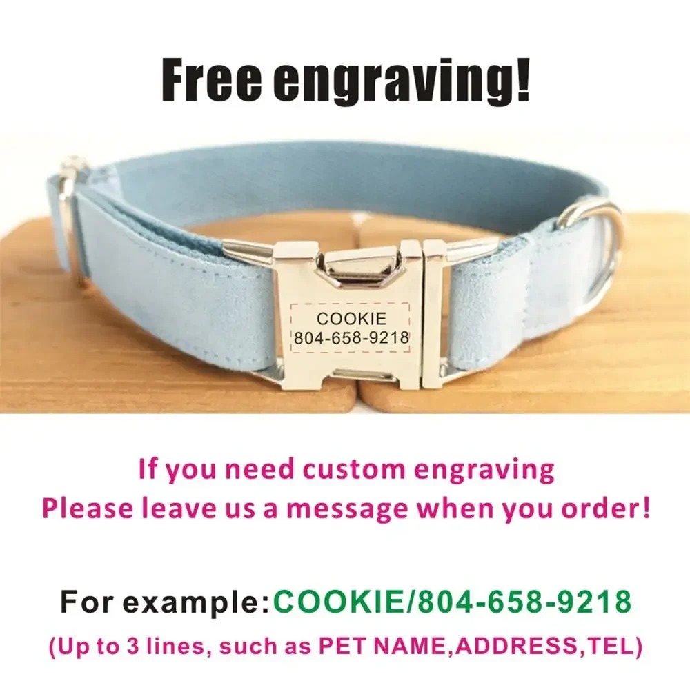 Personalized Dog Collar with Free Engraving, Matching Pet Leash,Customzied Contacts Metal Buckle,Soft Sky Blue Velvet Collar