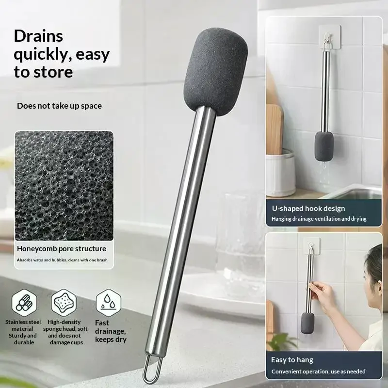 Stainless Steel Long Handle Sponge Cup Brush Strong Stain Removal Hangable For Kitchen Cleaning Bottles Mugs Tumblers Scrub