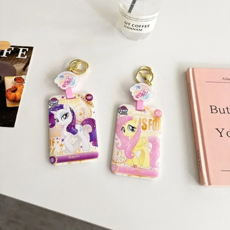بلدي ليتل المهر حاملي بطاقات الهوية الكرتون الخنصر فطيرة بطاقة الوصول سلسلة مفاتيح Kawaii Fluttershy قابل للسحب حافظة بطاقات الائتمان قلادة #2