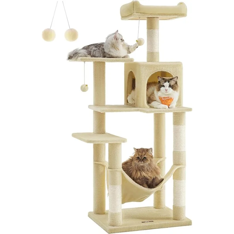 

Feandrea Cat Tree, 56.3-Inch Cat Tower for Indoor Cats, Multi-Level Cat Condo with 4 Scratching Posts, 2 Perches, Hammock, Cave,