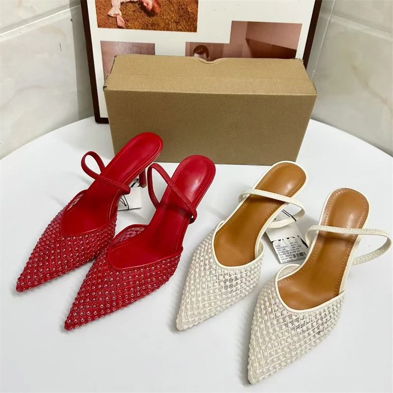 New Design Pearl Breathable Mesh Women Pumps Sexy Thin High Heels Pointed Toe Mule Shoes Fashion Banquet Prom Sandals view 6