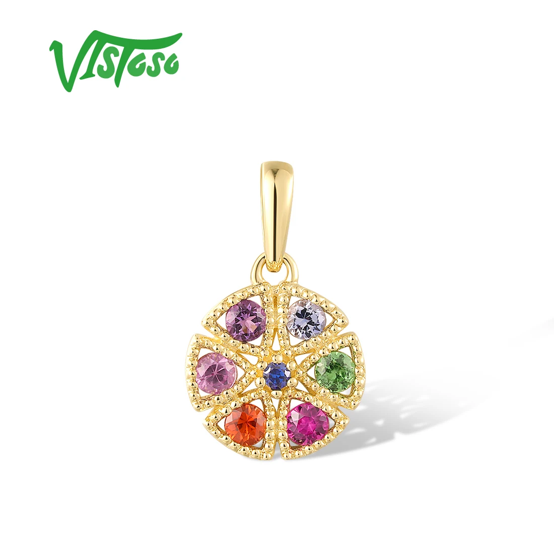 

VISTOSO Authentic 14K 585 Yellow Gold Pendant For Women Sparkling Multi-Color Gems Round Wedding Engagement Fine Jewelry Set