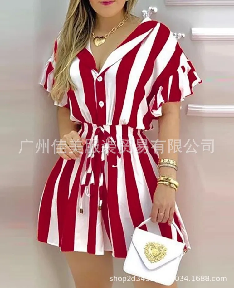 أبيض وأسود مخطط الخصر قميص فستان المرأة الربيع الصيف منتج جديد أزياء المرأة الملابس قصيرة كلمة الشارع الترفيه