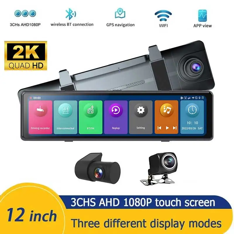 

12Inch 2K Wireless Carplay Auto 3 Channel Car DVR Dash Cam Front Inside Rear Car Camera GPS WiFi Night Vision Rearview Mirror