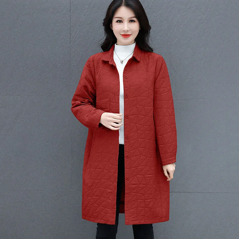 New Spring Autumn Light Thin Padded Jacket Female Long Down Cotton Coat Middle-aged women\'s Loose Rhomboid Casual Cotton Clothes