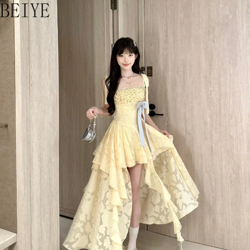 Jacquard Heavy Industry Strap Dress for Women Waist Irregular Lotus Leaf Princess Dresses Female High Street Yellow Long Dress