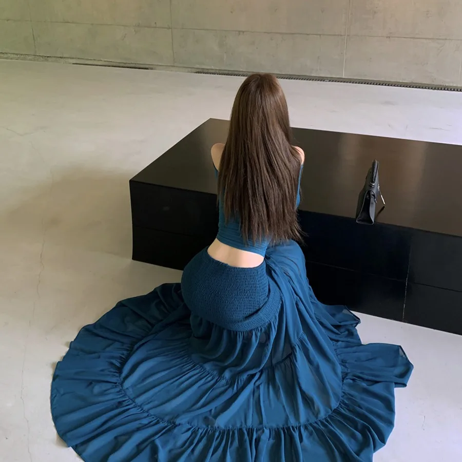 Simple Knitted Long Sve One oulder T-irt Skirt Set Women's Faion Autumn New Sle High Waist Midi Skirt Commute Sle