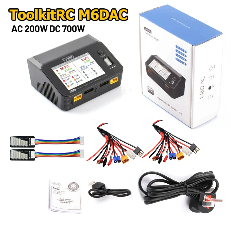 ToolkitRC M6DAC Dual Channel Smart Lipo Battery Charger Discharger AC 200W DC 350WX2 15A for 6S LiHV Lipo Battery PD 65W ADP100