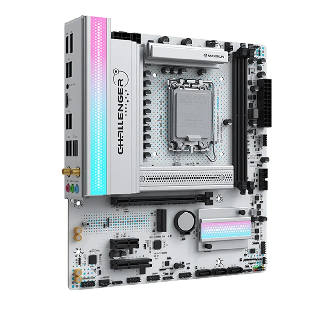 MAXSUN Challenger Z890M WIFI ICE Intel z890 LGA 1851 DrMOS 60 A PCIe 5, 0x4 M.2 Type-C 2,5G LAN WiFi 6 DDR5 2 * M.2 DP 1,4 ГБ