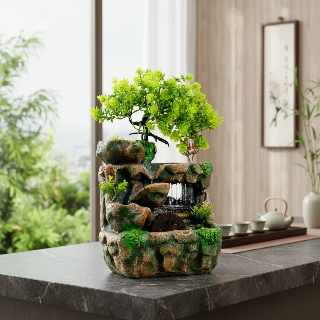 Tabletop Fountain with LED Lights, Resin Waterfall Decor for Home Office  Desk, 220V Flowing Water Feature with Pump - AliExpress 15