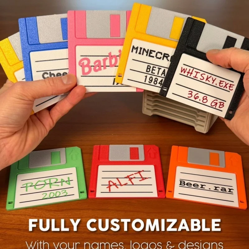 Retro Floppy Disk Coaster Holder Set with 6 Coasters, Vintage Computer Style Cup Mats Ideal for Halloween Birthday Party