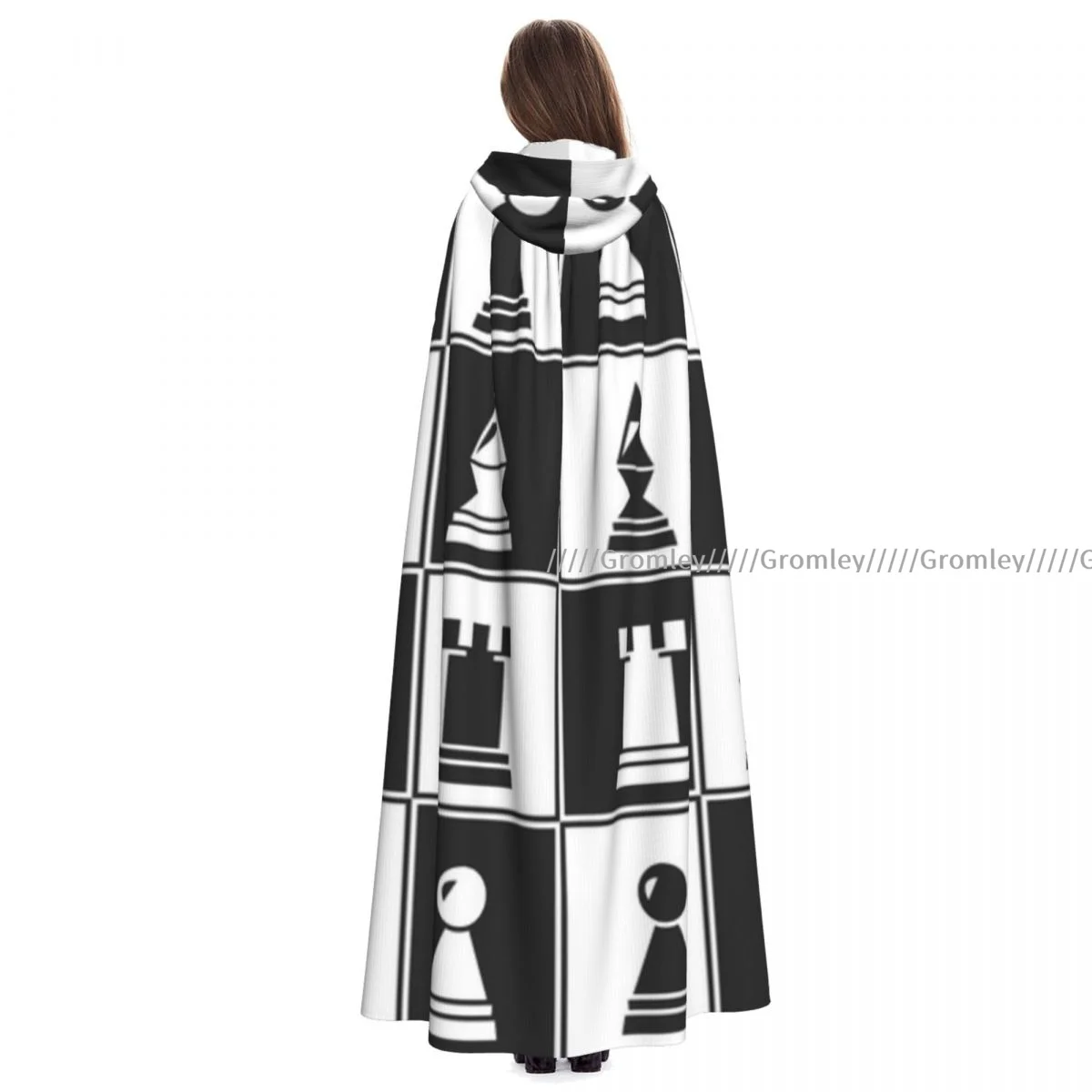 

Unisex Halloween Cloak Chess Pattern Cape Hooded Medieval Costume Witch Wicca Vampire