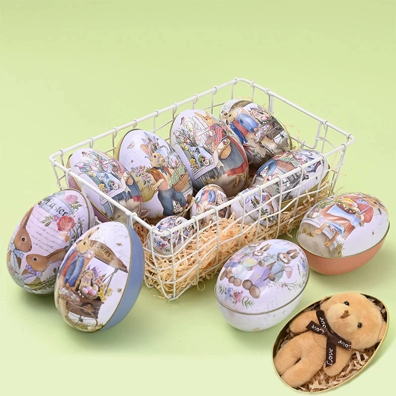 Easter Egg Shape Candy Tin Rabbit Printed Fillable Metal Egg Candy Gift Packaing Storage Bag Box Easter Festival Party Favor kid