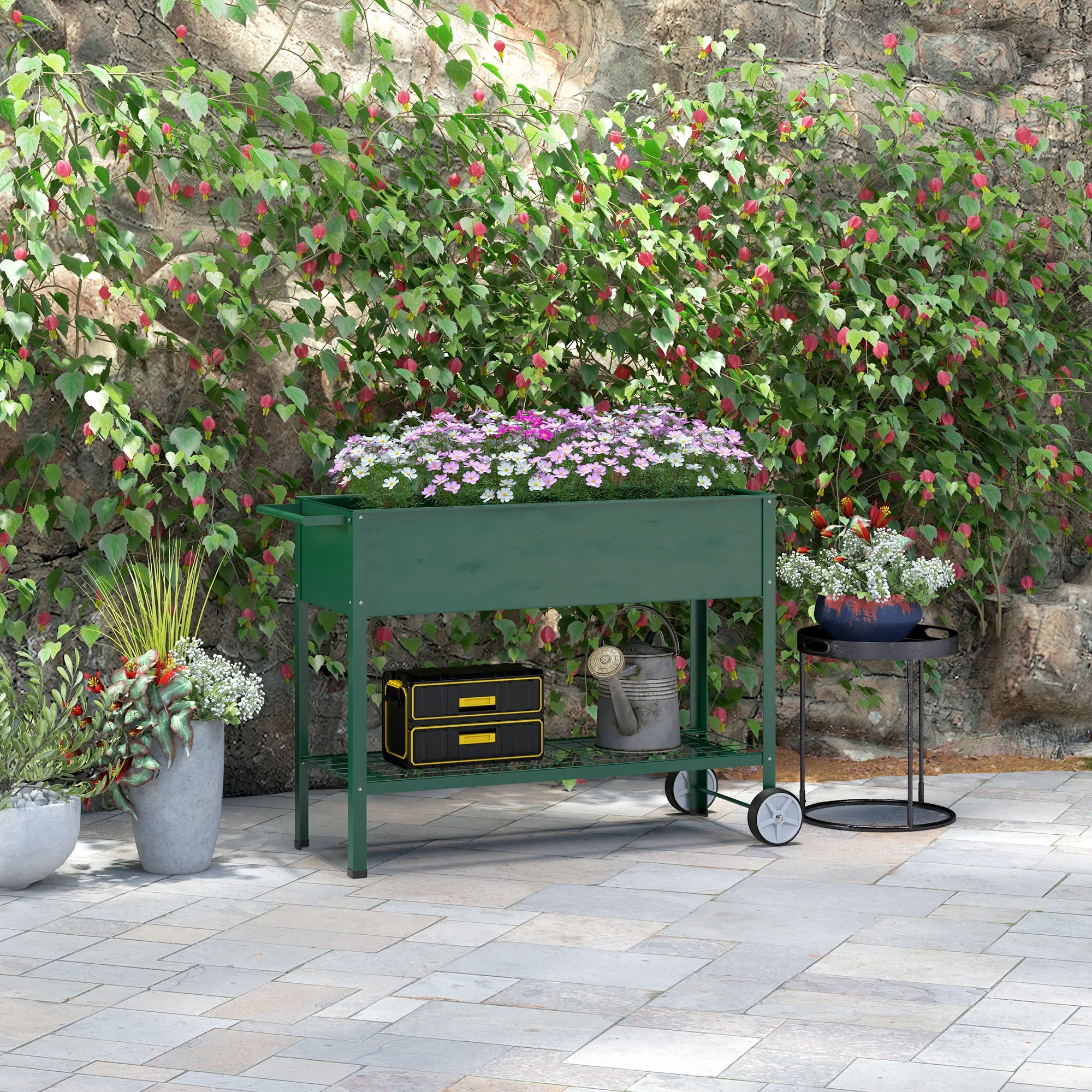 Outsunny Mesa de Cultivo 109x44x80 cm con 2 Ruedas Estante y Asa Verde