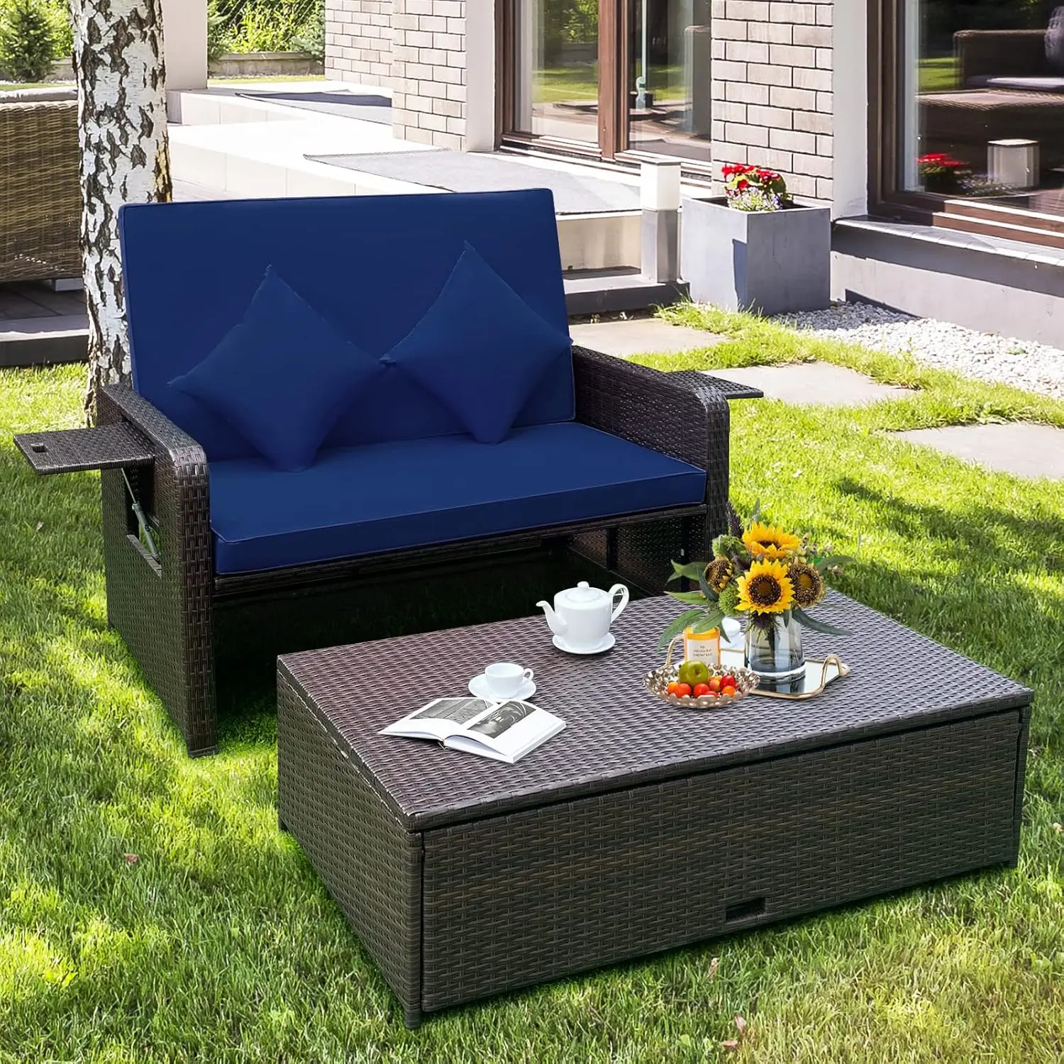 Patio Rotan Ligbed Met Kussens, Outdoor Rieten Loveseat Bank Met Opslag Ottoman, 4 Niveaus Verstelbare Rugleuning, Bed Ligstoel