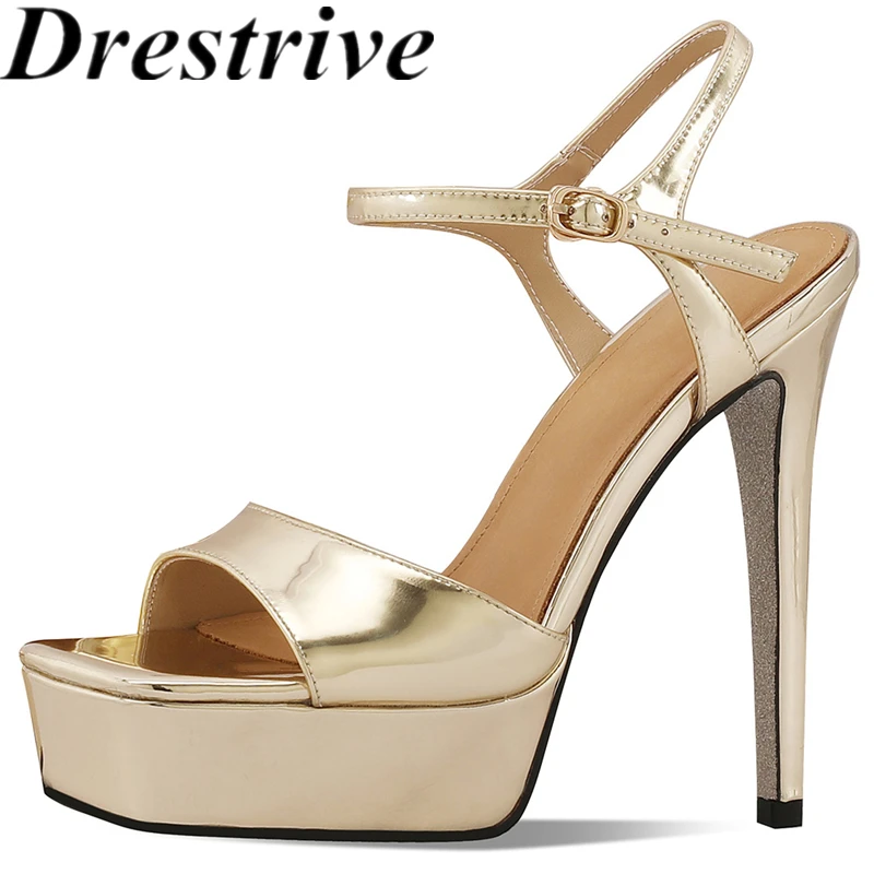 Drestrive 2026 New Sexy Women's Sandals Square Toe Cow Leather Platform Supper Thin High Heels Buckle Handmade Summer Shoes
