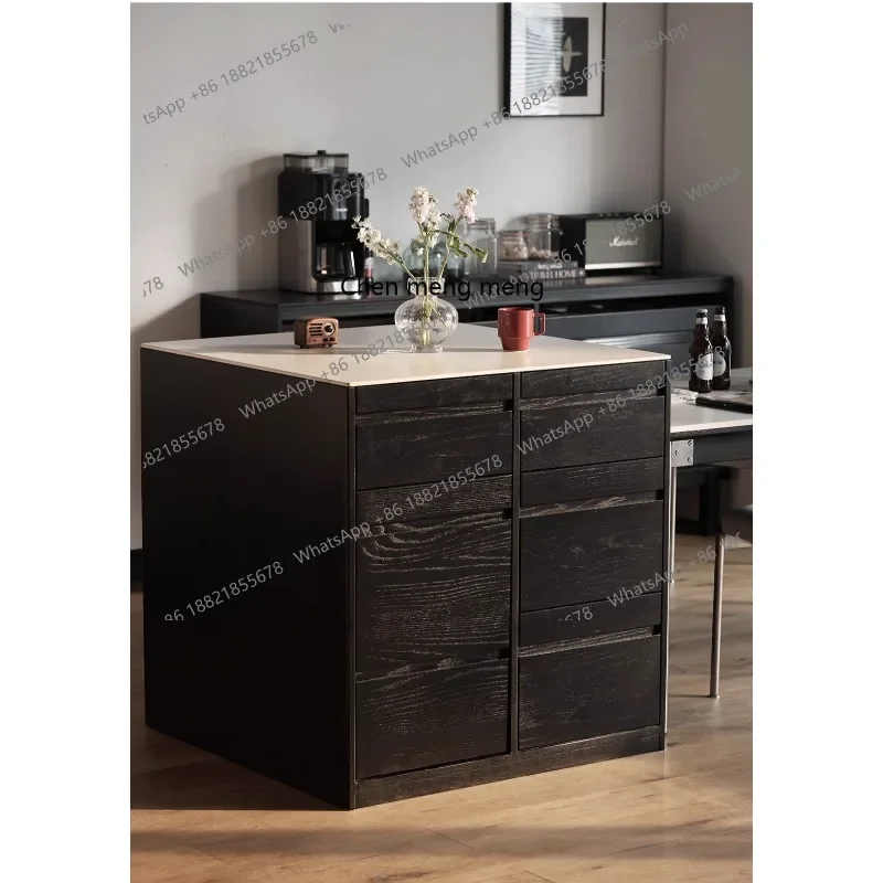 

Solid wood multi-function, rock slab island dining table, oak black light luxury dining side cabinet, integrated household