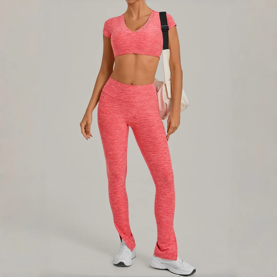 

Новый женский комплект для йоги: спортивная футболка с высокой талией и эффектом подтяжки бедер, микро-клеш брюки, фитнес-костюм для бега, повседневных тренировок, спортзала и йоги