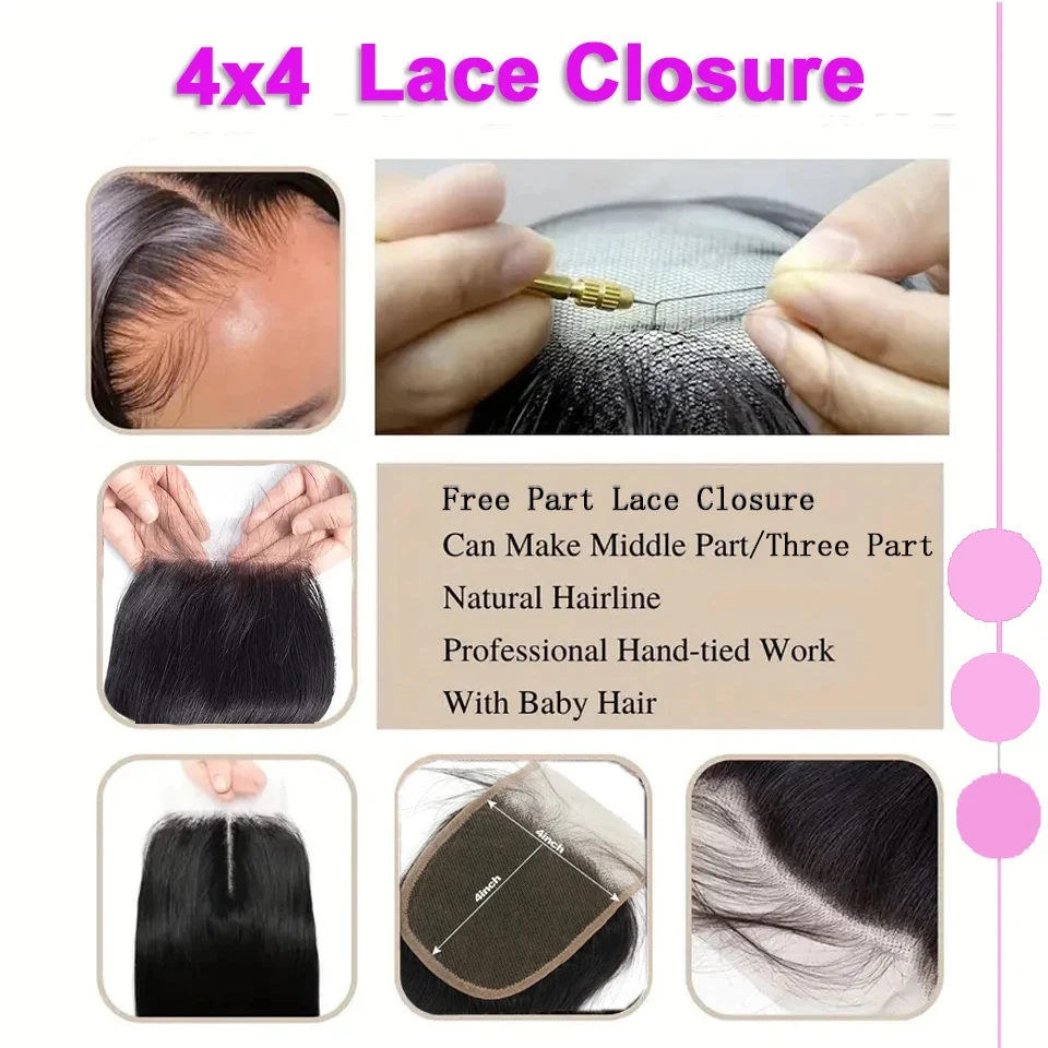 Straight Hair 4x4 Transparent Lace Frontal Pre plucked 100% Human Hair Natural Hair Line 4x4 Lace Closure With Baby Hair