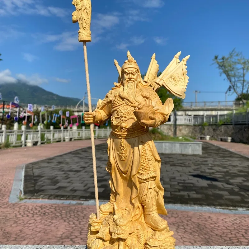 Guan Yu Wealth & War God Statue 30cm Hand-Carved Hinoki Wood with Ingot and Five Flags, Taoist Feng Shui Decor for Home, Office
