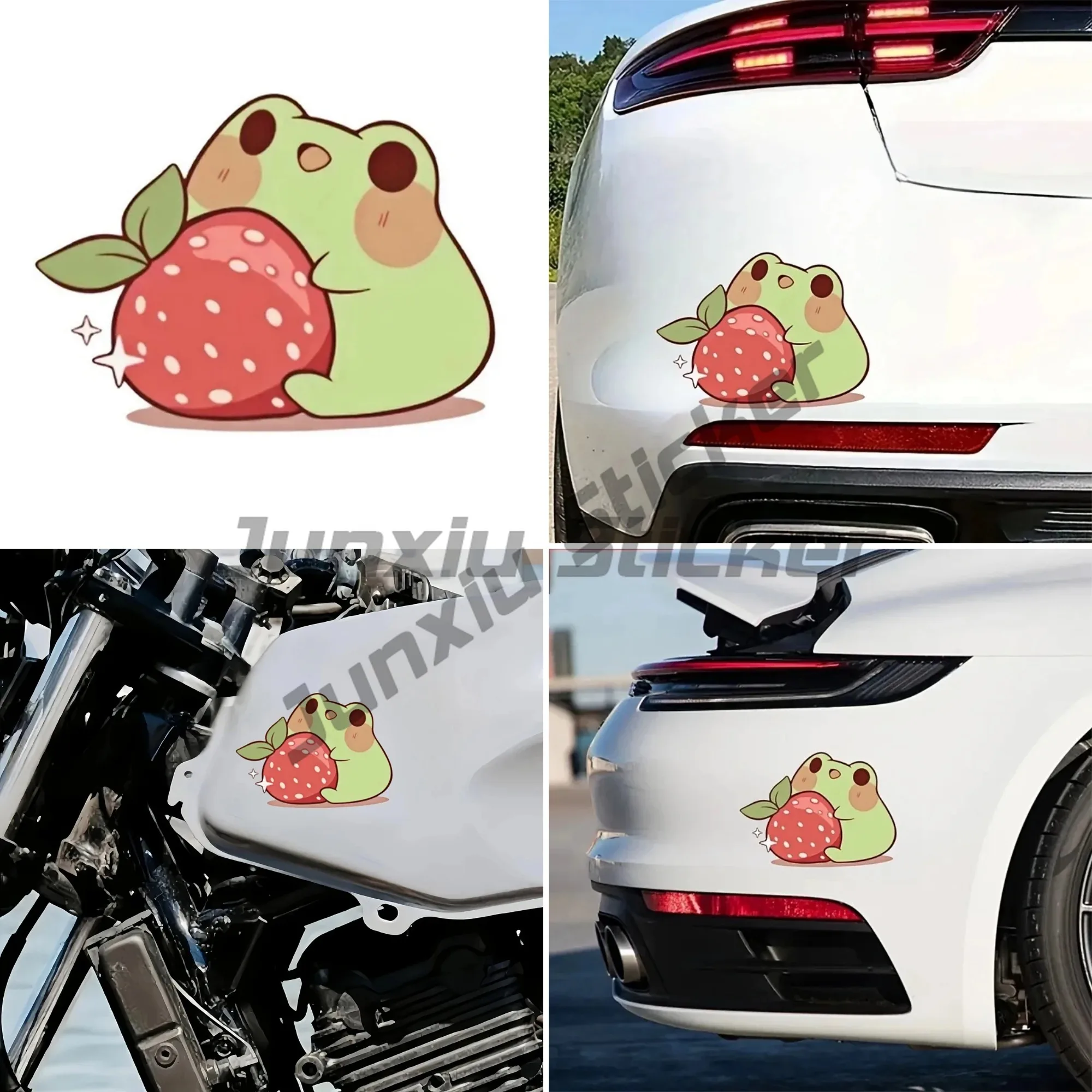 

Маленькая лягушка держит клубничную водонепроницаемую декоративную наклейку для автомобиля, ноутбуков, бамперов, шлемов, стеклянных окон