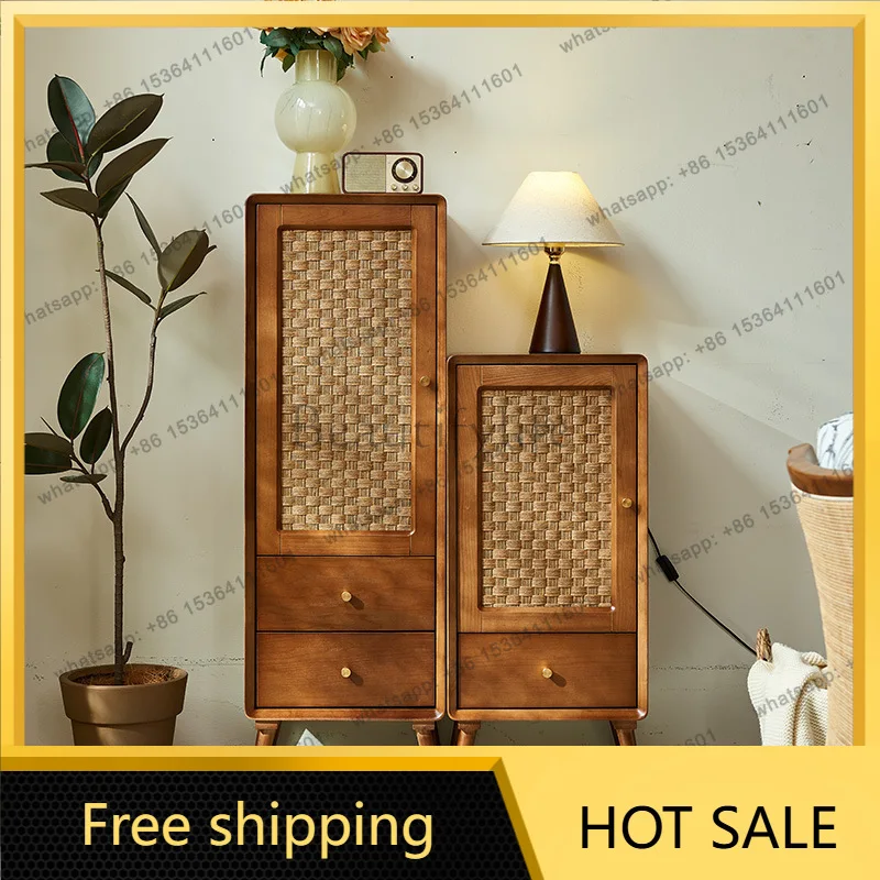 FG Nordic solid wood bucket cabinet, retro wabi-sabi wind locker, multi-functional high and low, rattan storage cabinet