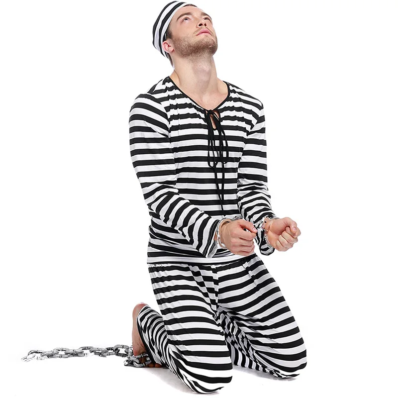 Prisoner Cosplay Costumes Man Women Prison Criminal Suits Jail Adult Black And White Striped Couple Clothes With Hats Halloween