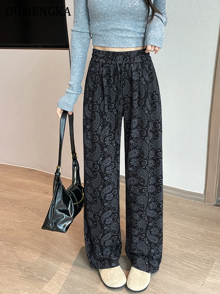 Women's Casual Flower Prinede Woven Wide Leg Pants Fall Winter Casual Stylish Full Length Trousers Retro Clothes Streetwear