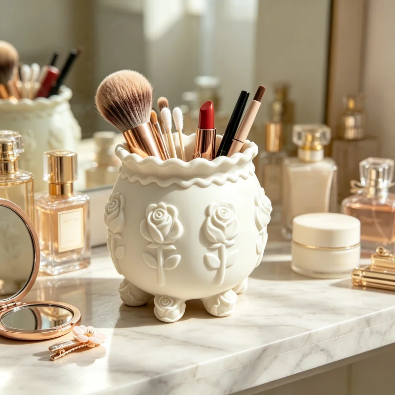 3D Three-Dimensional Embossed Rose Makeup Brush Holder, White Makeup Storage Box with Six Rose-Shaped Bases, Wave-Edge Design, for Storing Lipsticks, Eyebrow Pencils, and Various Beauty Tools