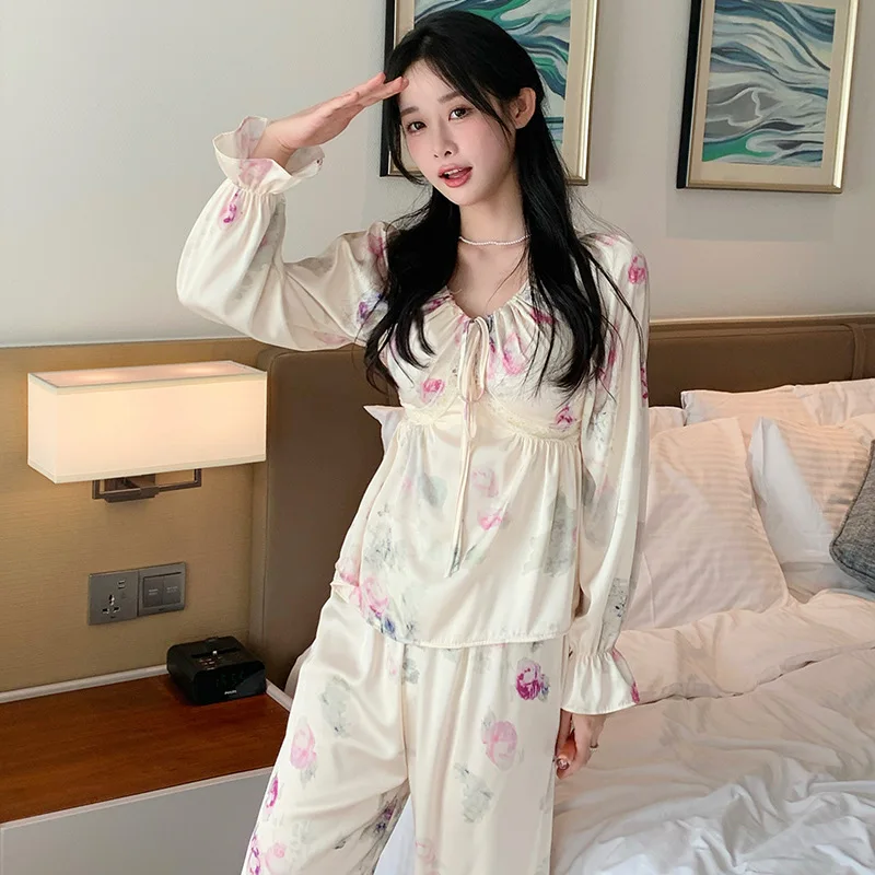 V-Neck Pijamas Suit Women 2PCS Pajamas Set Print Nightwear Lingerie Spring Autumn Long Sleeve Silky Satin Sleepwear Home Clothes