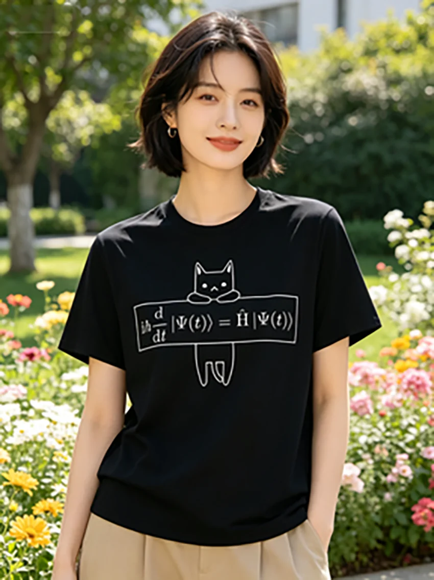 Quantum Mechanics Cat T-shirt Physics Themed Printed Women Tee Comfortable Top Short Sleeve Casual Clothing