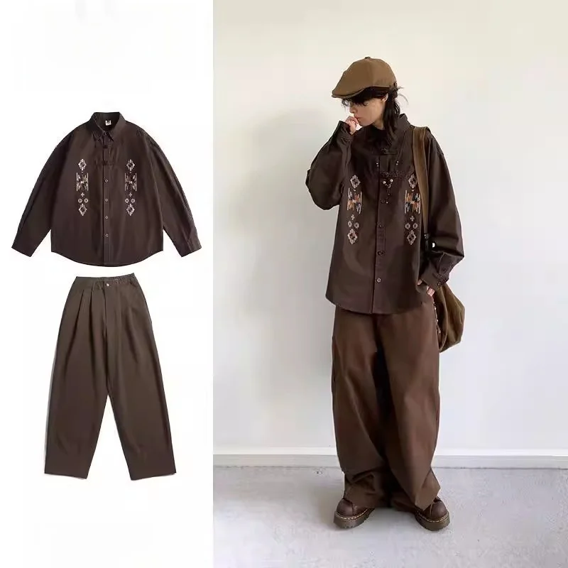 

Мужской комплект из двух предметов: рубашка с длинным рукавом и вышивкой, повседневный, нейтральный, осенний, из смесового хлопка, в традиционном китайском этническом стиле