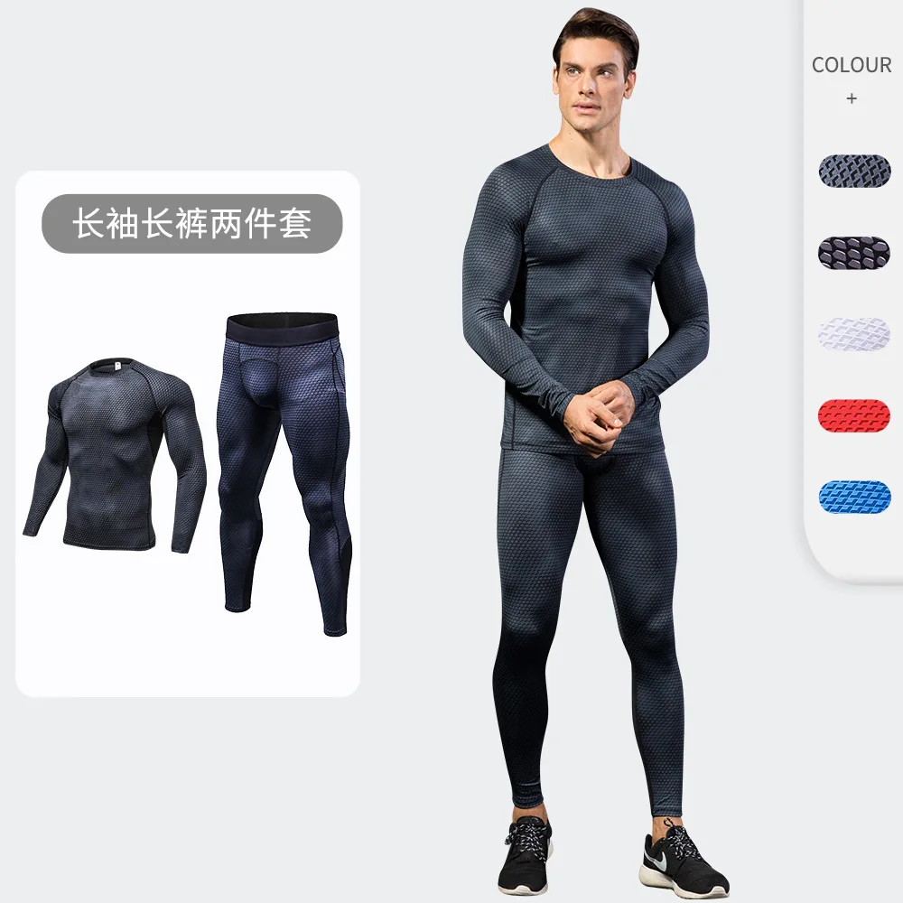 Men's Fitness Suit Quick-Drying Printing Tight Clothes Long Sleeve High Elastic Training Trousers Sports Two-Piece Set 4010 4029