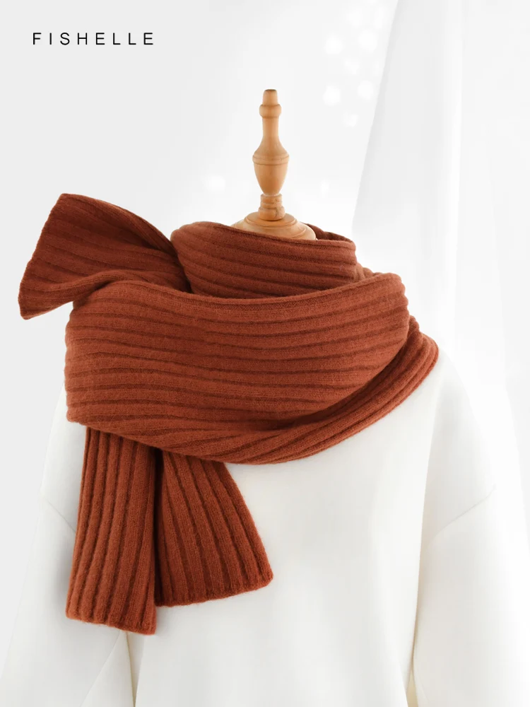 New Casual Versatile Brown Pure Wool Scarf for Women's Winter Warmth Long Knitted Thick Scarves for Men Adults Luxury Gifts