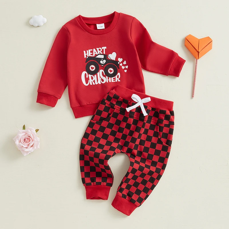 Kids Boys 2-piece Outfit Long Sleeve Letters Car Print Sweatshirt with Plaid Sweatpants Valentine’s Day Outfit