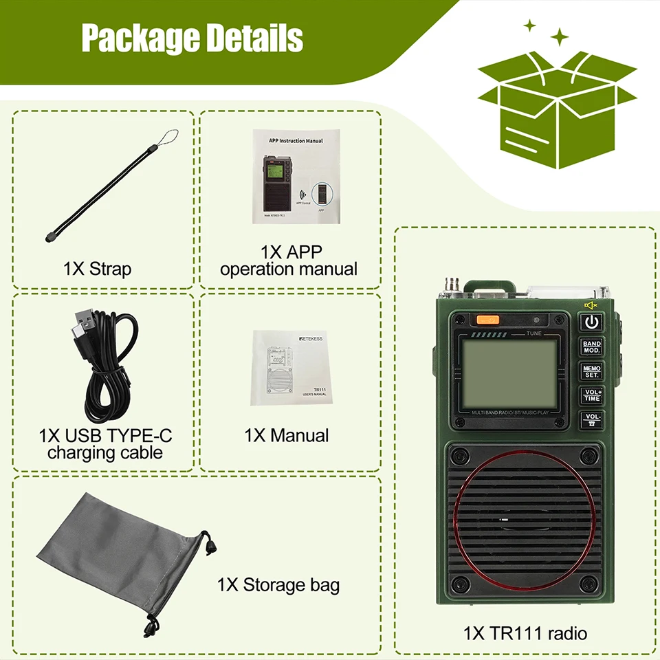 Retekess TR111 Radio FM Tragbare Radios AM FM Mini Amateurfunk Kurzwellen Notfall Amateurfunk Multiband SW VHF WB Wecker – Detail 15