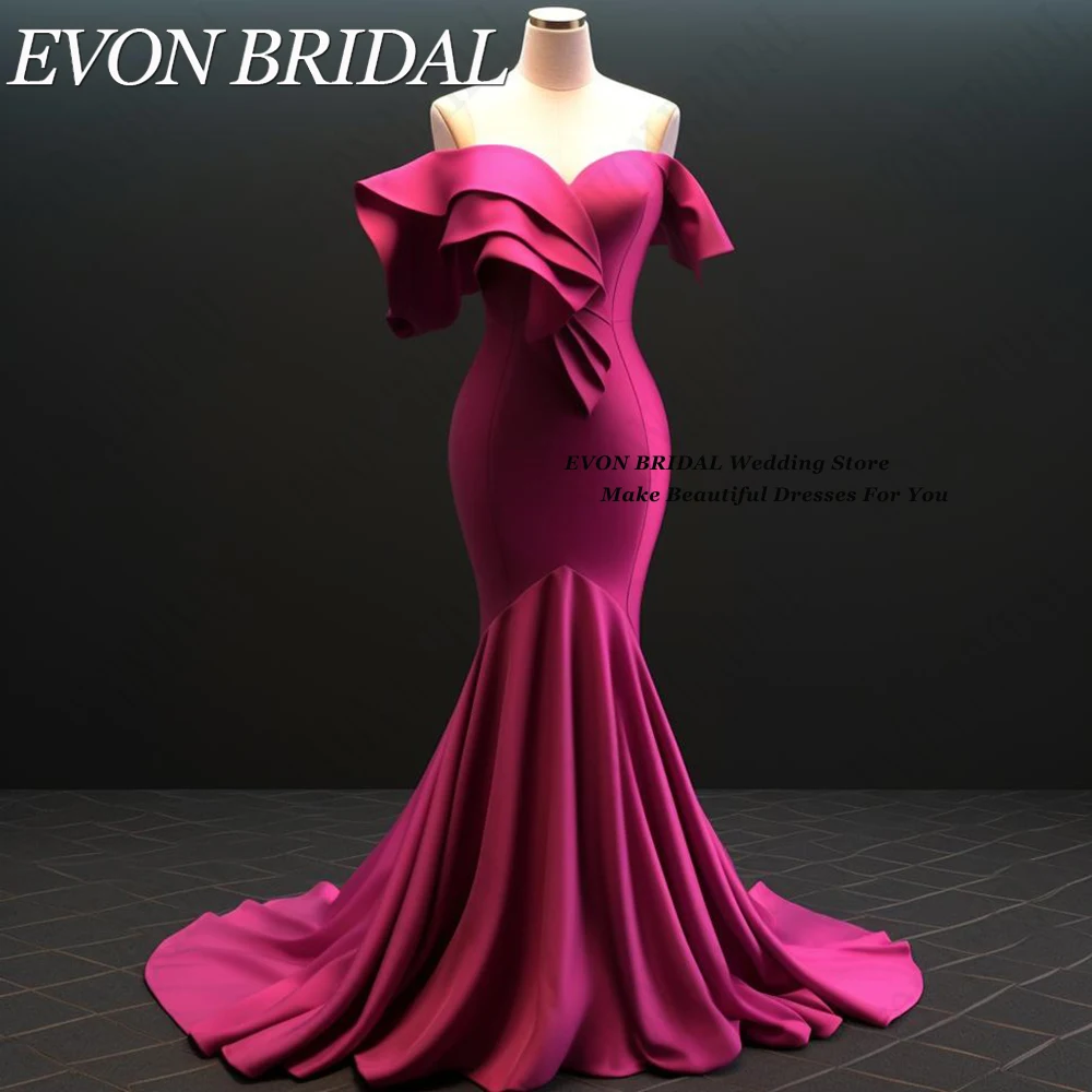 EVON BRIDAL Off Shoulder Evening Dresses For Women 2024 Fuschia Formal Party Gowns Sweetheart Satin robes de soirée Sweep Train