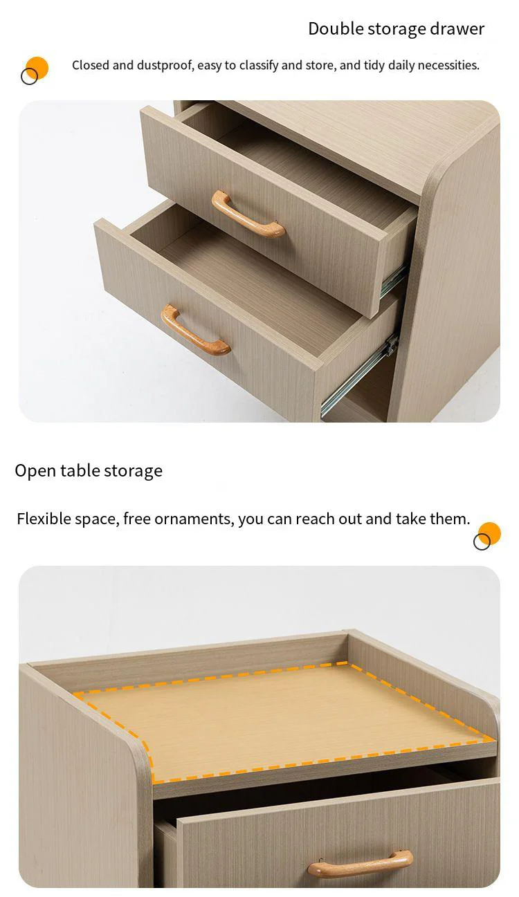 Stolik nocny vintage z drewna do sypialni, szafka nocna z 2 szufladami i otwartą półką do przechowywania.