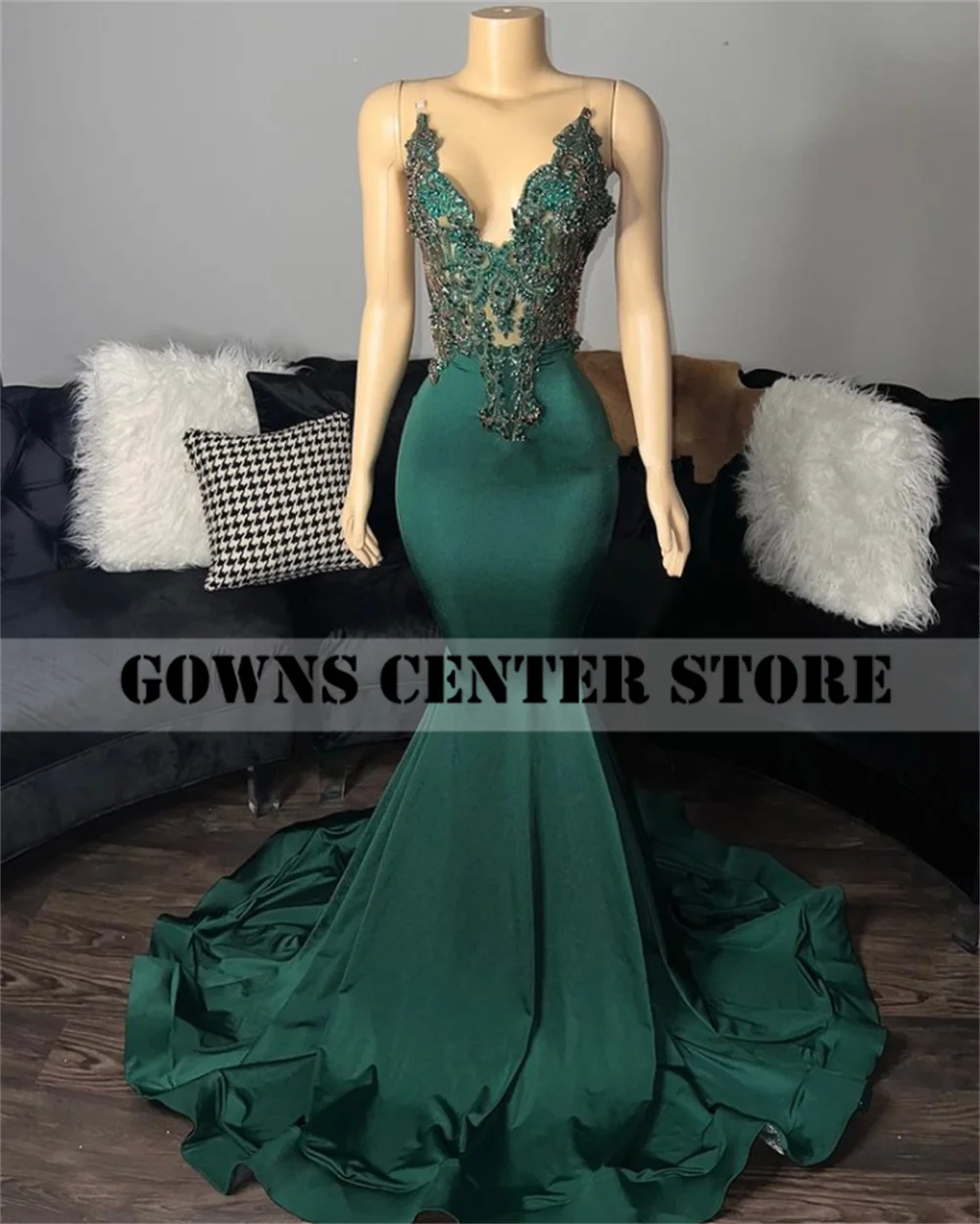 Vintage Dark Green Transparent Spaghetti Mermaid Prom Dresses Black Girls Backless Evening Dress Wedding Party Gown Customized