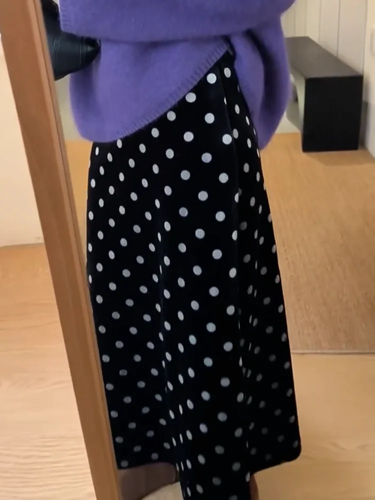 

Ретро-юбка А-силуэта Bla: утепленная, с завышенной талией, свободная, в горошек, из бархата, для осени-зимы, в корейском стиле, для повседневной носки