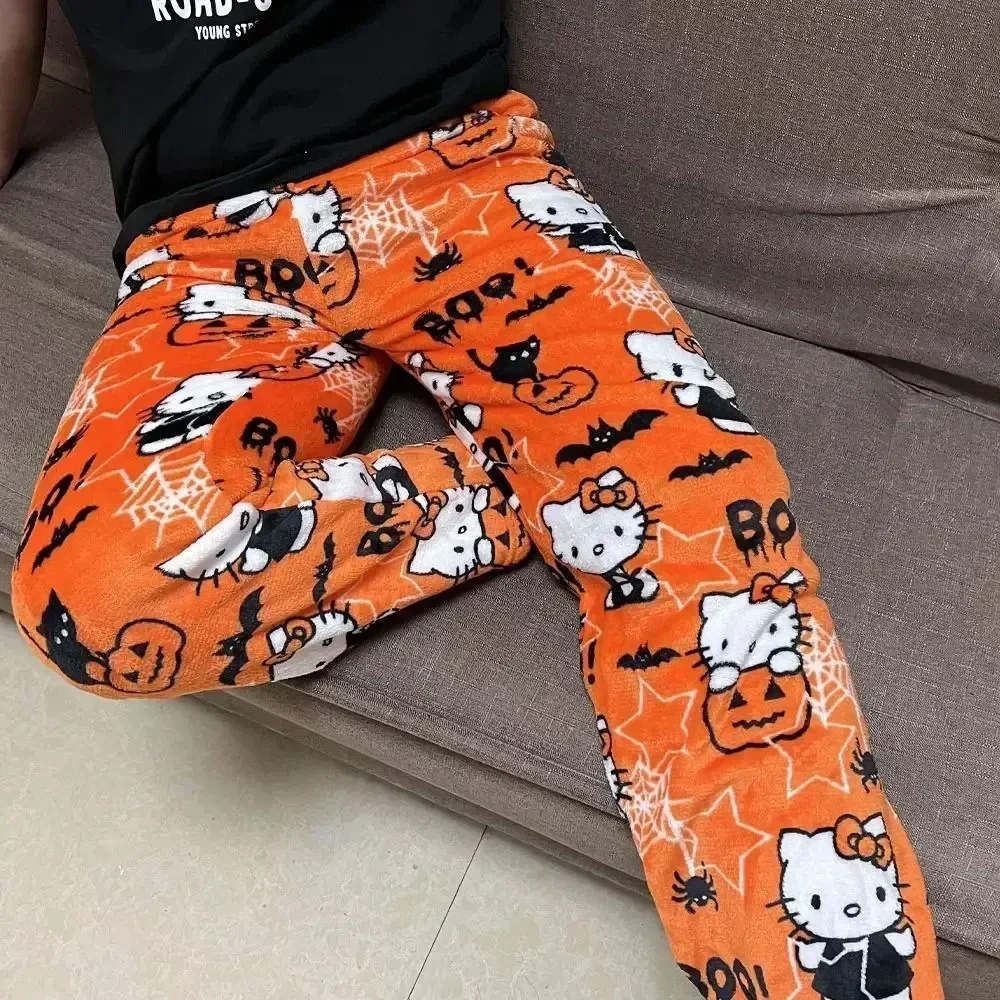 Cadılar bayramı Sanrio Hello Kitty Pijama Pantolon Anime Flanel Rahat Moda Gevşek Pantolon Kadın Kawaii Yün Anime Karikatür Pantolon