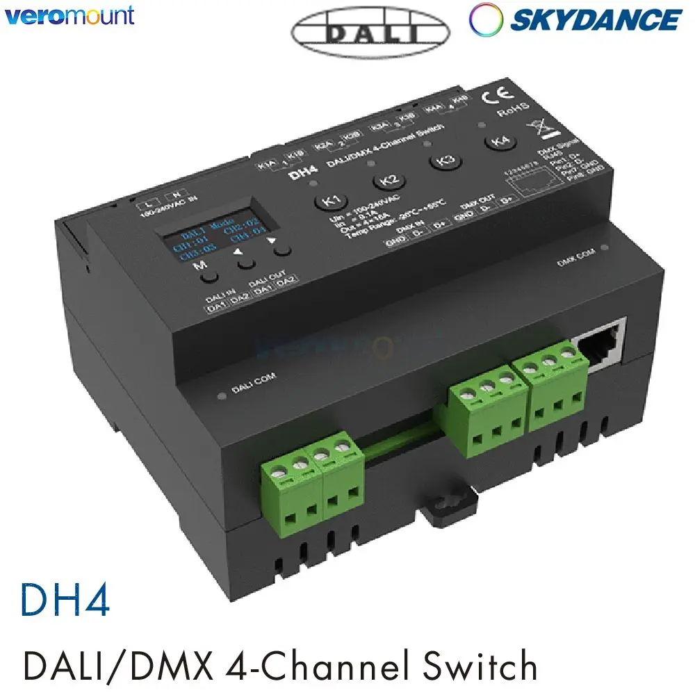 Skydance DH4 DALI DMX-переключатель OLED-дисплей Экранное реле 4 канала 16 А Выход с сухим контактом 4 DALI Адрес DMX-RDM Din-рейка 100-240 В переменного тока