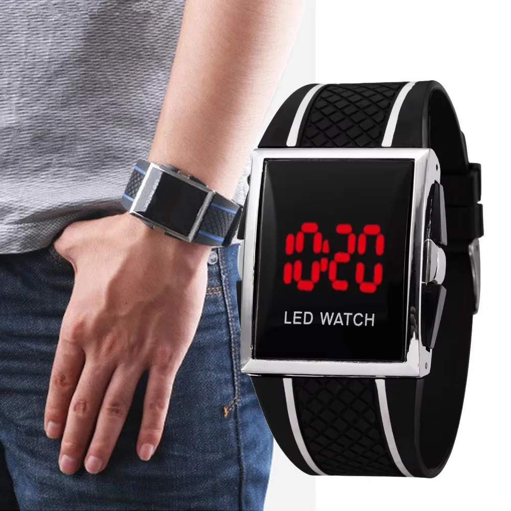 Simple LED Watches For Men Fashion Sport Red Light Digital Display Square Watch Silicone Watchband Classic Black White Men Watch