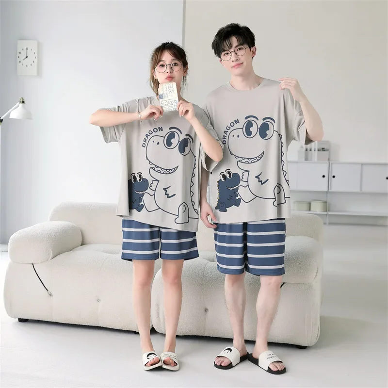 Summer Pajama Sets Women Men Sleepwear Pijama Mujer Lovers Cartoon Dinosaur Pattern Couple Pajamas Suit Modal Comfort Korean