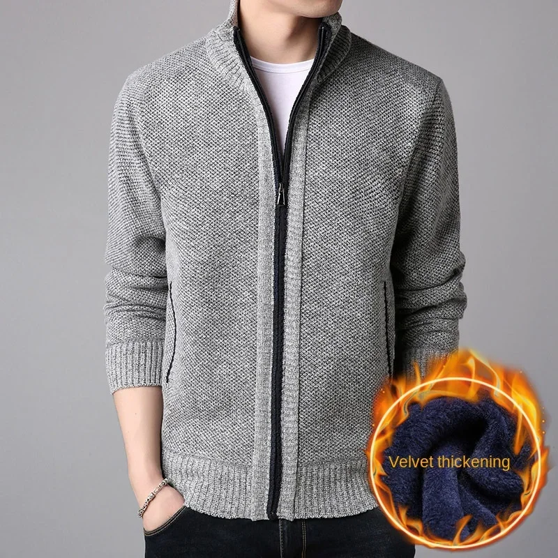 2024 New Zipper Knitted Cardigan Sweater Men's Autumn and Winter Thickened Plush Stand Neck Loose and Warm Knitted Shirt Coat
