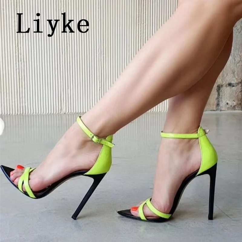 

Liyke Summer Women Sexy 11.5CM Sandals Mixed Colour Narrow Band Pointed Toe Gladiator High Heels Party Dress Shoes Zapatos Mujer